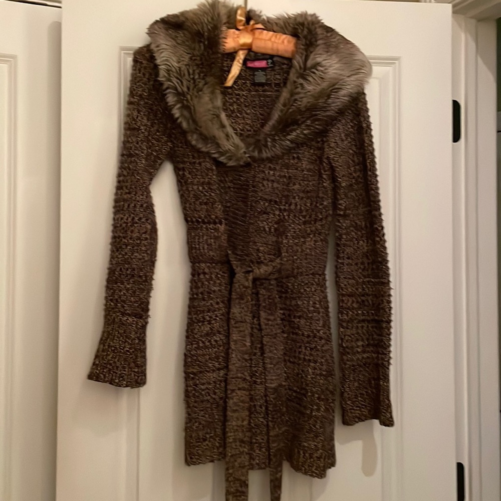 Faux fur long brown knitted cardigan